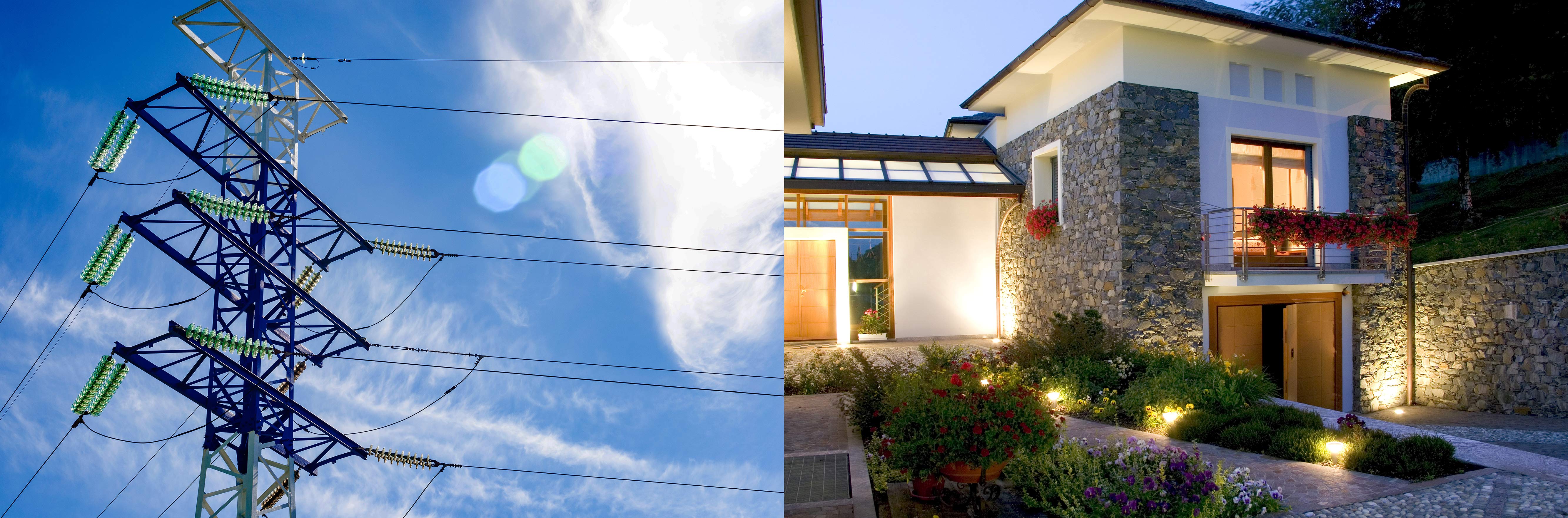 high voltage electric power pylons against blue sky  |  contemporary new constuction single family home at dusk, showing interior and exterior landscape lighting